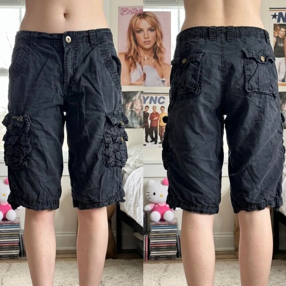 Y2K Black Skater Grunge Cargo Shorts Waist 27 Punk Baggy
